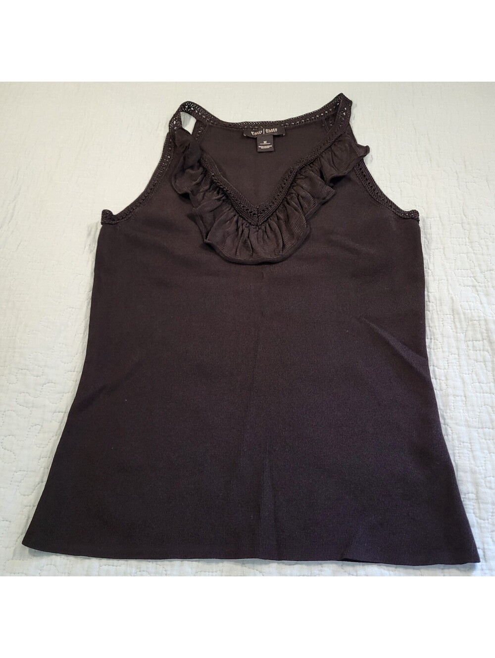 White House Black Market ruffled tank top with lace detailing along the neckline